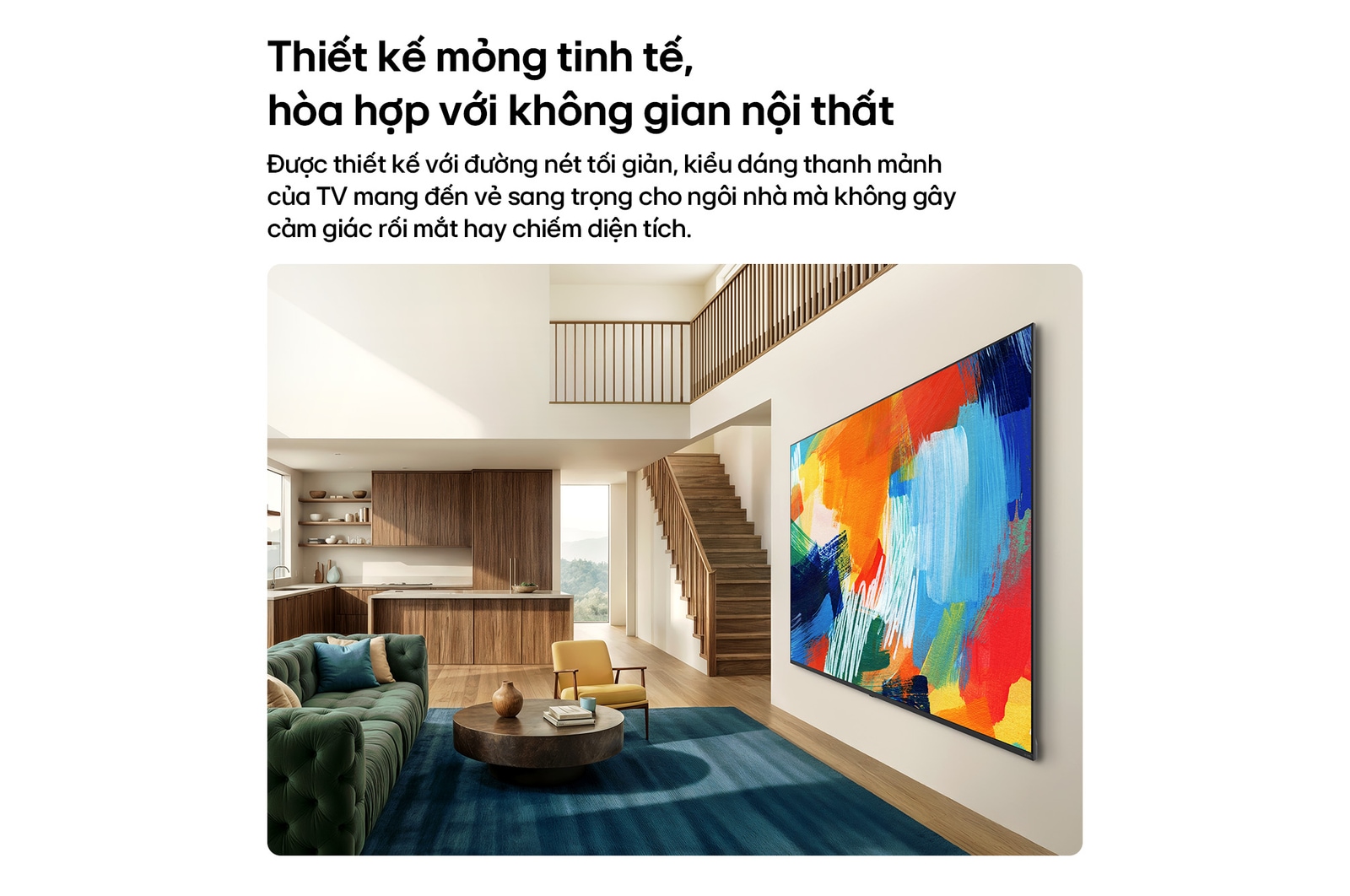 LG QNED evo AI QNED82 Mini LED with a Slim Design is wall-mounted in a bright, open living space, featuring a sleek profile that blends seamlessly into the interior while displaying a bold, colorful abstract artwork.